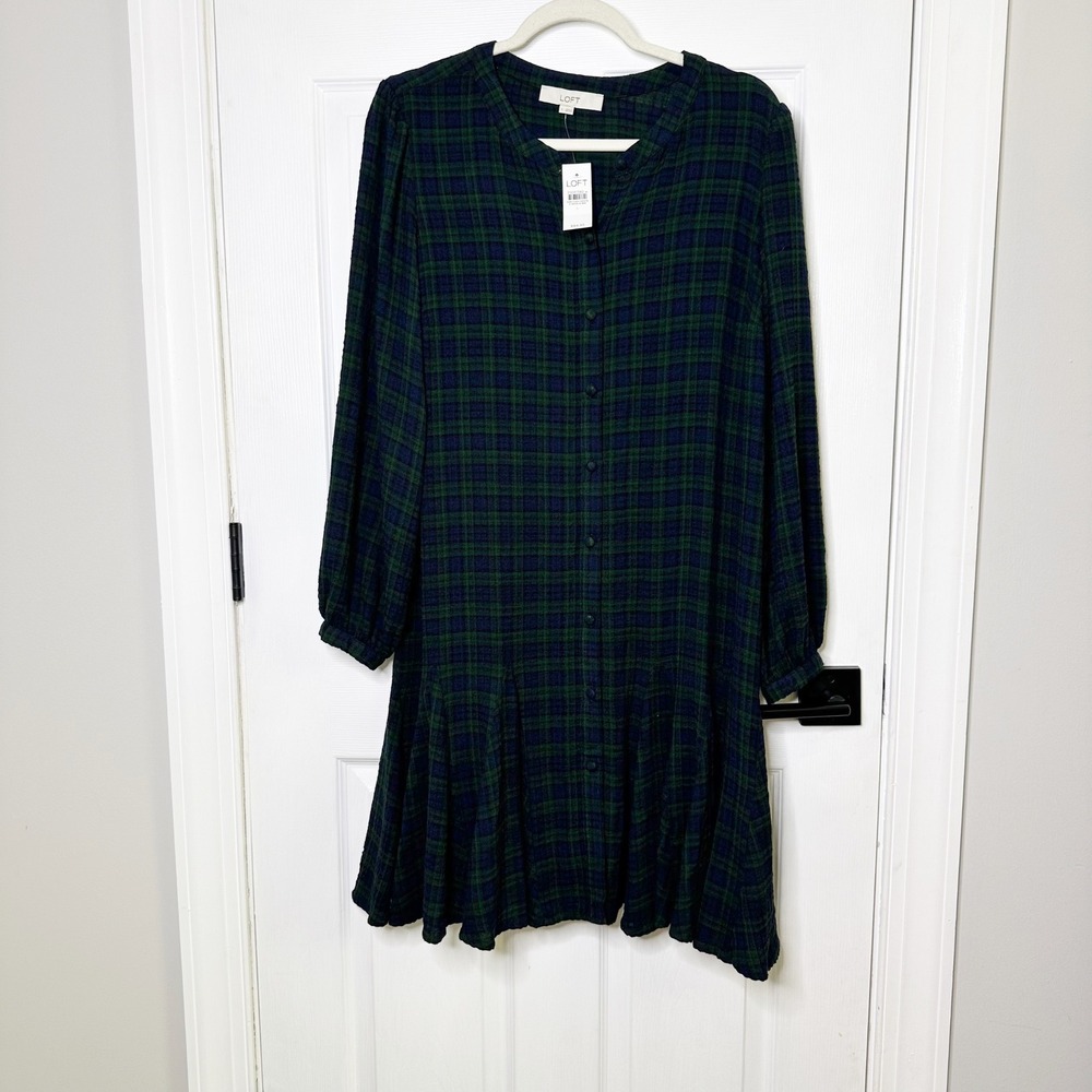 LOFT Green Plaid Drop Waist Dress Womens Large NWT Button Front Long Sleeve